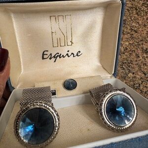 Vintage  ESQ Esquire Silver and Blue Cufflinks tiee tac set